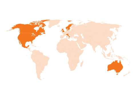 Map of the world with the US, Canada, Mexico, Denmark, Sweden, Norway, Australia, and Italy highlighted
